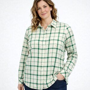 Talbots Womens Shirt Green Check Multicolor Specks Long Sleeve Size XL